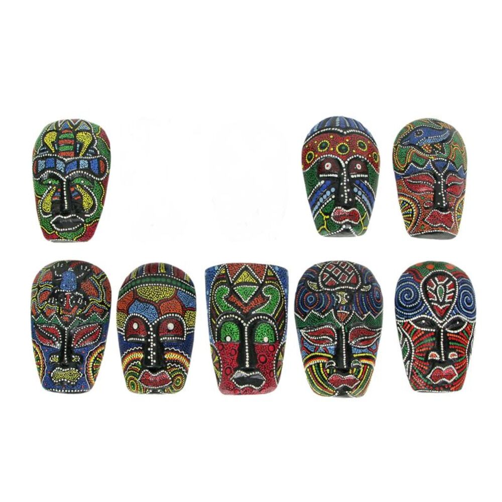 Set of 8 Tribal Mask Wall Sculptures, 5 Inch Hand-Carved Wood